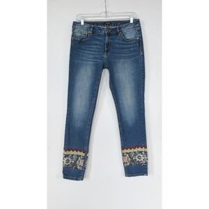 Miss Me Ankle Skinny Jeans Floral Embroidered Hem Size 30 Denim Boho Festival